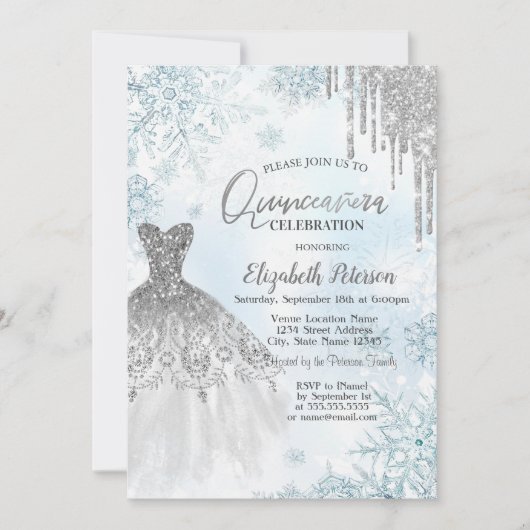 シルバーグリッタードリップスドレススノーフレーク 招待状 (正面)