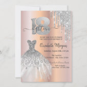 シルバーグリッタードリップスドレスバラ金ゴールド18th誕生日 招待状 (正面)