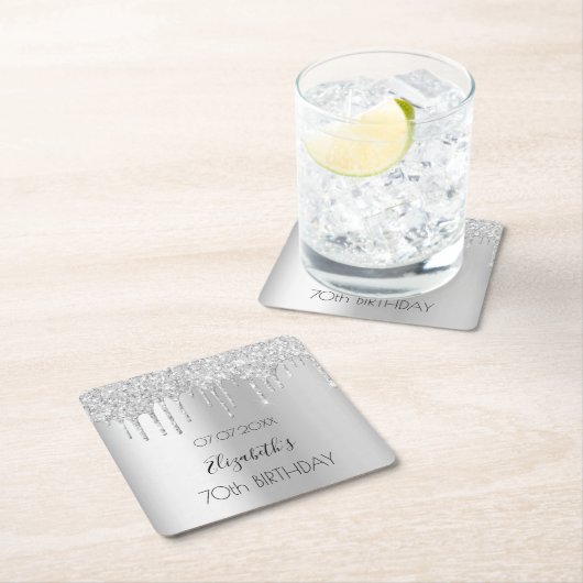 シルバーグリッタードリップスネーム誕生日 スクエアペーパーコースター (インサイチュ)