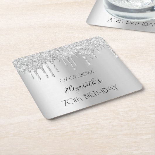 シルバーグリッタードリップスネーム誕生日 スクエアペーパーコースター (アングル)
