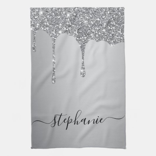 シルバーグリッタードリップスハンドレター名前をカスタムする キッチンタオル (縦)
