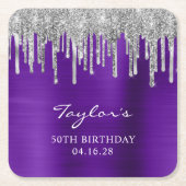 シルバーグリッタードリップスバイオレットパープル50誕生日 スクエアペーパーコースター (正面)