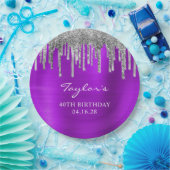 シルバーグリッタードリップスバイオレットフォイル40歳の誕生日 ペーパープレート (パーティー)