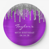 シルバーグリッタードリップスバイオレットフォイル40歳の誕生日 ペーパープレート (正面)