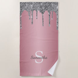 シルバーグリッタードリップスバラ金ゴールドピンクモノグラム名 ビーチタオル