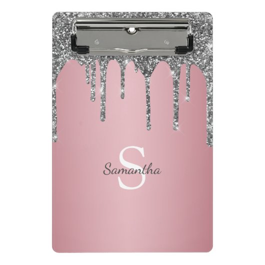 シルバーグリッタードリップスバラ金ゴールドピンクモノグラム名 ミニクリップボード (正面)