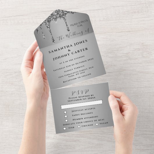 シルバーグリッタードリップスパークルRSVPエレガントウェディング オールインワン招待状 (貼ってはがせる)