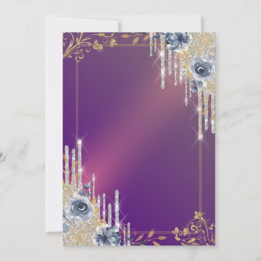 シルバーグリッタードリップスパープルバラ35誕生日 招待状 (裏面)