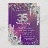 シルバーグリッタードリップスパープルバラ35誕生日 招待状 (正面/裏面)