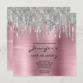シルバーグリッタードリップスピンクフォイル60誕生日 招待状 (正面/裏面)