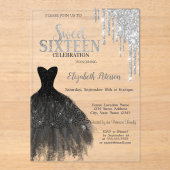 シルバーグリッタードリップスブラックドレススウィート16 アクリル招待状 (正面)