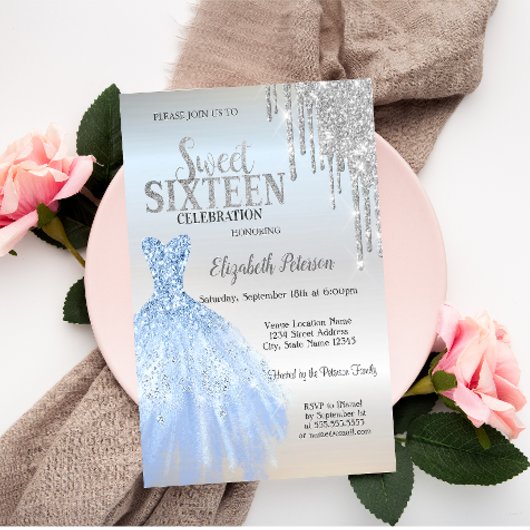 シルバーグリッタードリップスブルードレスシルバースウィート16 招待状