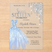 シルバーグリッタードリップスブルードレススウィート16 アクリル招待状 (正面)