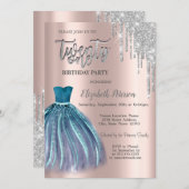 シルバーグリッタードリップスブルードレス21歳の誕生日 招待状 (正面/裏面)