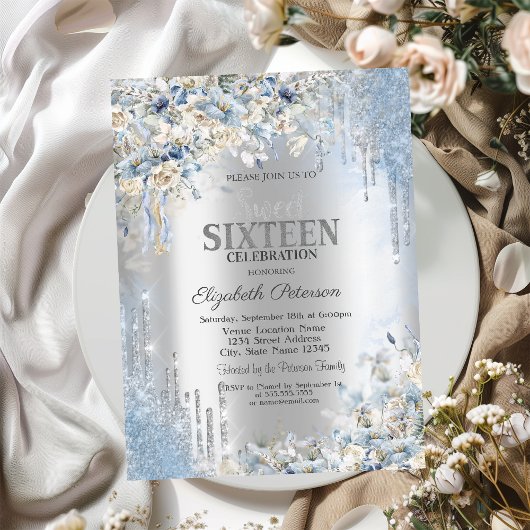 シルバーグリッタードリップスブルーフラワーズスウィート16 招待状