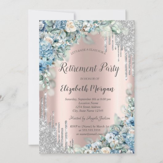 シルバーグリッタードリップスブルーフラワーズリタイアメント 招待状 (正面)