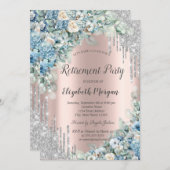シルバーグリッタードリップスブルーフラワーズリタイアメント 招待状 (正面/裏面)