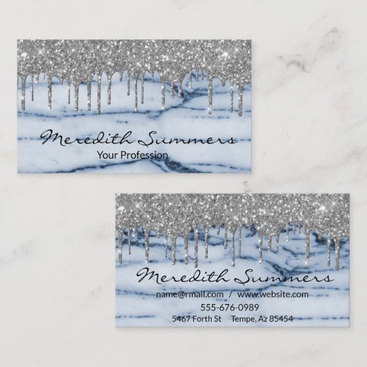 シルバーグリッタードリップスブルーマーブルカスタマイズグリッター 名刺 (正面/裏面)