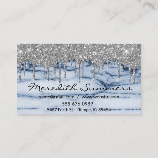 シルバーグリッタードリップスブルーマーブルカスタマイズグリッター 名刺 (裏面)