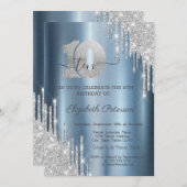 シルバーグリッタードリップスブルーメタリック10誕生日 招待状 (正面/裏面)