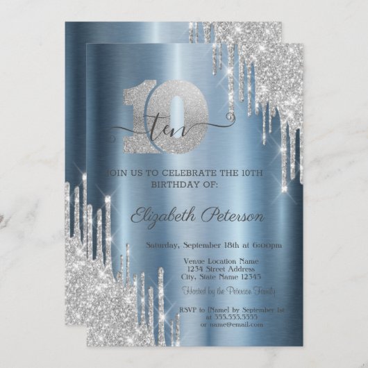 シルバーグリッタードリップスブルーメタリック10誕生日 招待状 (正面/裏面)