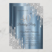 シルバーグリッタードリップスブルーメタリック40歳の誕生日 招待状 (正面/裏面)