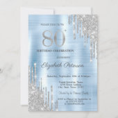 シルバーグリッタードリップスブルーメタリック80誕生日 招待状 (正面)