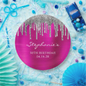 シルバーグリッタードリップスホットピンクフォイル50誕生日 ペーパープレート (パーティー)