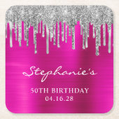 シルバーグリッタードリップスホットピンク50誕生日 スクエアペーパーコースター (正面)