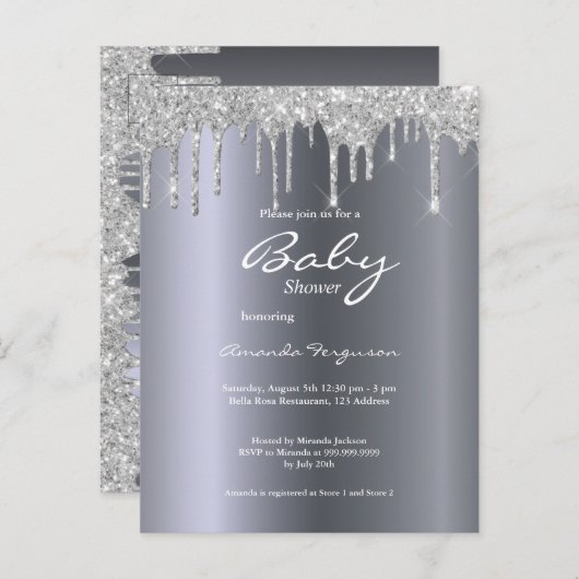 シルバーグリッタードリップスボーイ赤ちゃんシャワー招待 ポストカード (正面/裏面)