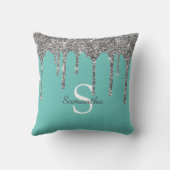 シルバーグリッタードリップスライトティール(緑がかった色)モノグラム名 クッション (裏面)