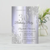 シルバーグリッタードリップスライトパープル30歳の誕生日 招待状 (スタンド正面)