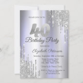 シルバーグリッタードリップスライトパープル40歳の誕生日 招待状 (正面)