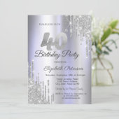 シルバーグリッタードリップスライトパープル40歳の誕生日 招待状 (スタンド正面)