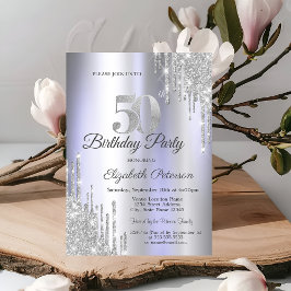 シルバーグリッタードリップスライトパープル50歳の誕生日 招待状