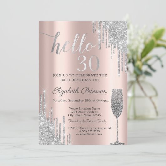 シルバーグリッタードリップスワイングラス30歳の誕生日 招待状 (スタンド正面)