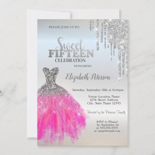 シルバーグリッタードリップス、かわいいドレスキンセアニェラ 招待状 (正面)