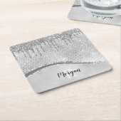 シルバーグリッタードリップス&スパークルネーム&モノグラム スクエアペーパーコースター (アングル)