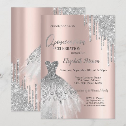 シルバーグリッタードリップス、ドレスバラ金ゴールドキンセアニラ 招待状 (正面/裏面)