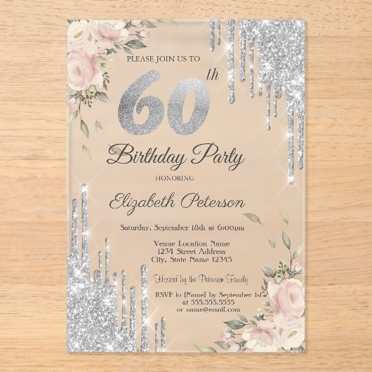 シルバーグリッタードリップス、バラ60誕生日 アクリル招待状 (正面)