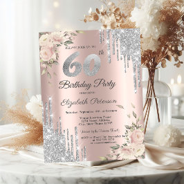 シルバーグリッタードリップス、バラ60誕生日 招待状