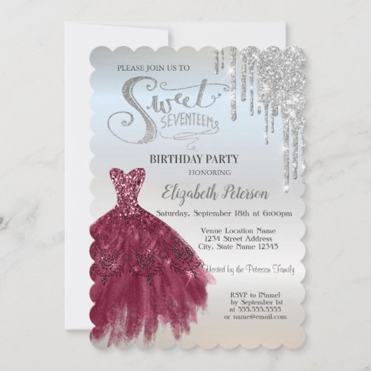 シルバーグリッタードリップス、バーガンディドレススウィート17 招待状 (正面)