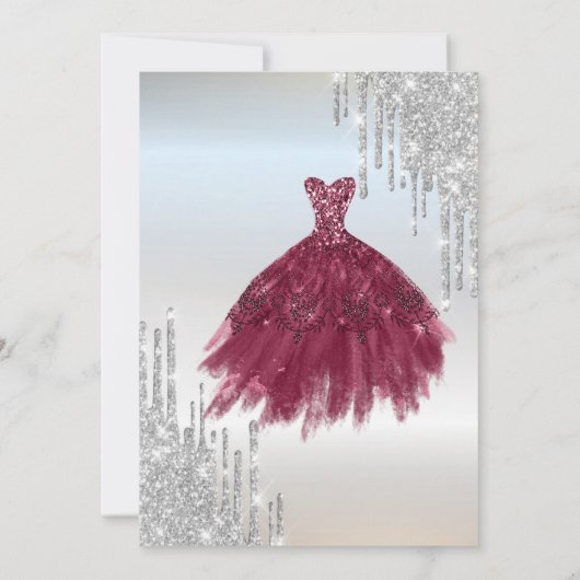 シルバーグリッタードリップス、ブルガンディドレスキンセアニラ 招待状 (裏面)