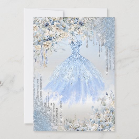 シルバーグリッタードリップス、ブルードレスフラワースウィート16 招待状 (裏面)