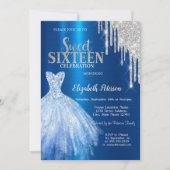 シルバーグリッタードリップス、メタリックブルードレススウィート16 招待状 (正面)