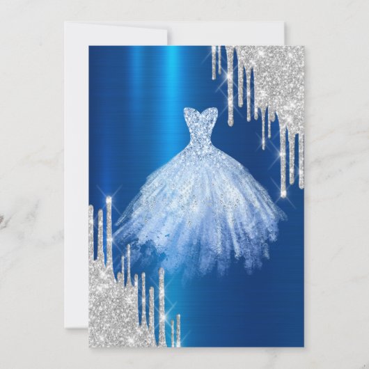 シルバーグリッタードリップス、メタリックブルードレススウィート16 招待状 (裏面)