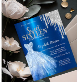 シルバーグリッタードリップス、メタリックブルードレススウィート16 招待状