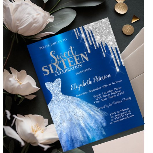 シルバーグリッタードリップス、メタリックブルードレススウィート16 招待状