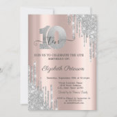 シルバーグリッタードリップバラ金ゴールド10誕生日 招待状 (正面)