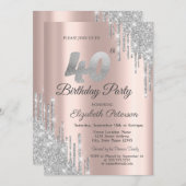 シルバーグリッタードリップバラ金ゴールド40th誕生日パーティー 招待状 (正面/裏面)